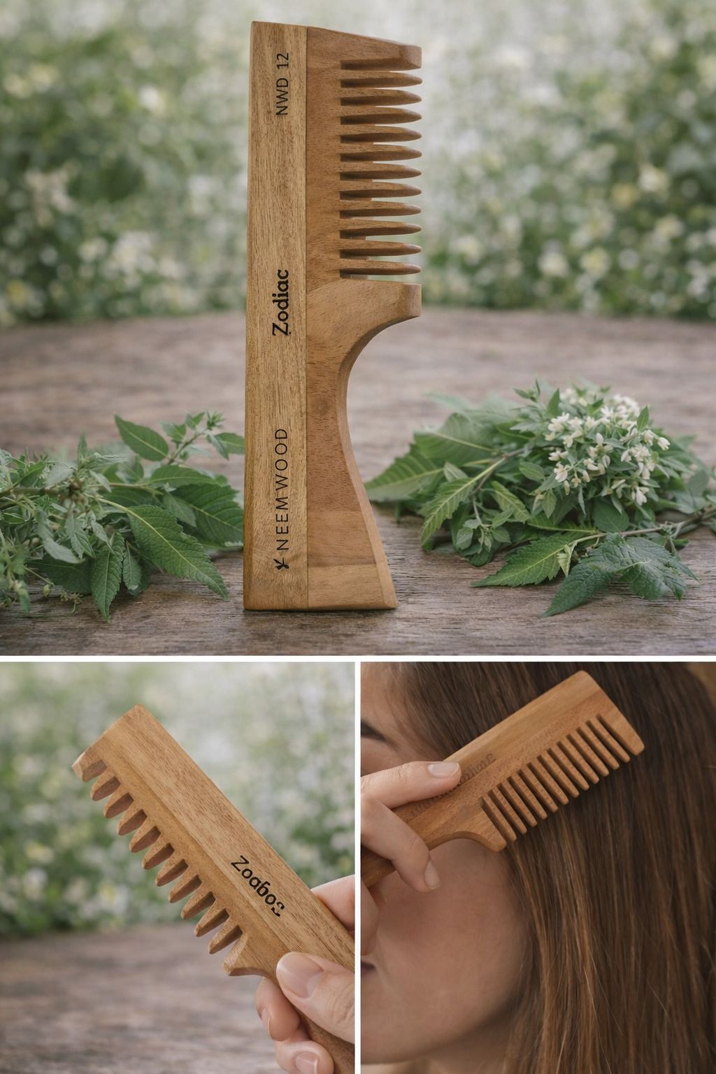 المشط الخشبي مصنوع يدويًا من خشب النيم النقي